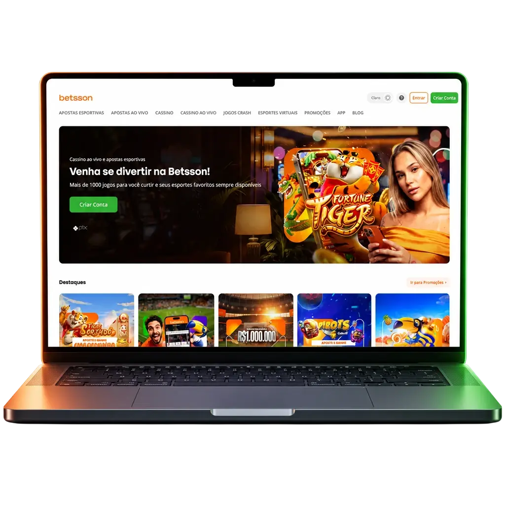Tela de computador exibindo o site da Betsson com catálogo de apostas esportivas e cassino online