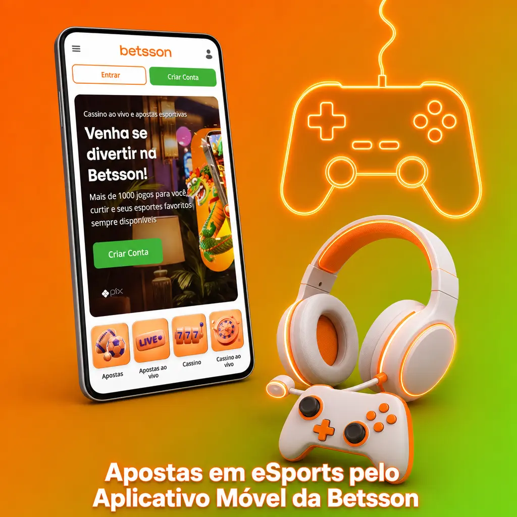 Tela do aplicativo móvel da Betsson mostrando apostas em eSports com partidas ao vivo e mercados pré-jogo.