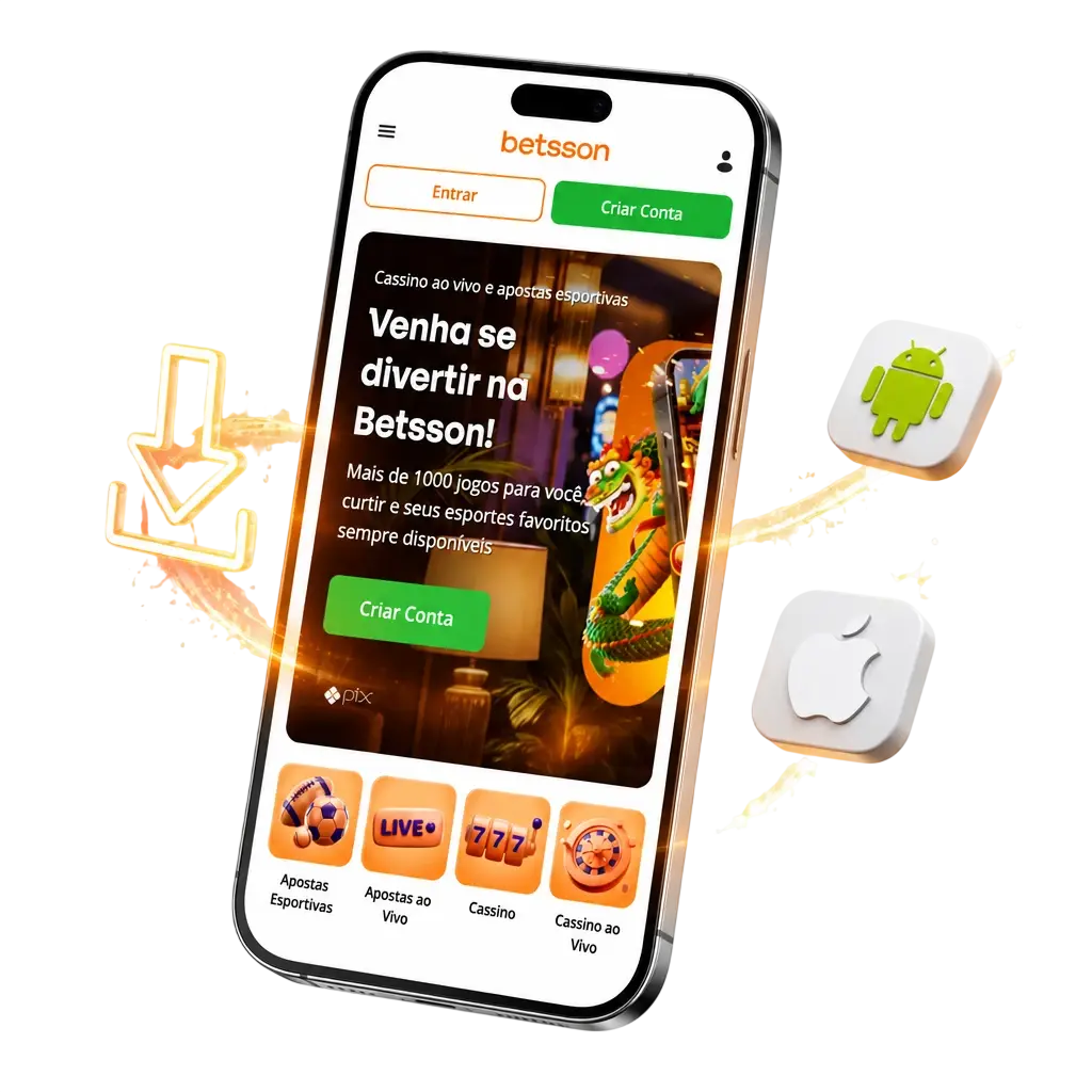 Aplicativo Betsson com cassino, apostas esportivas ao vivo e giros grátis na slot Lucky Tiger para Android e iPhone