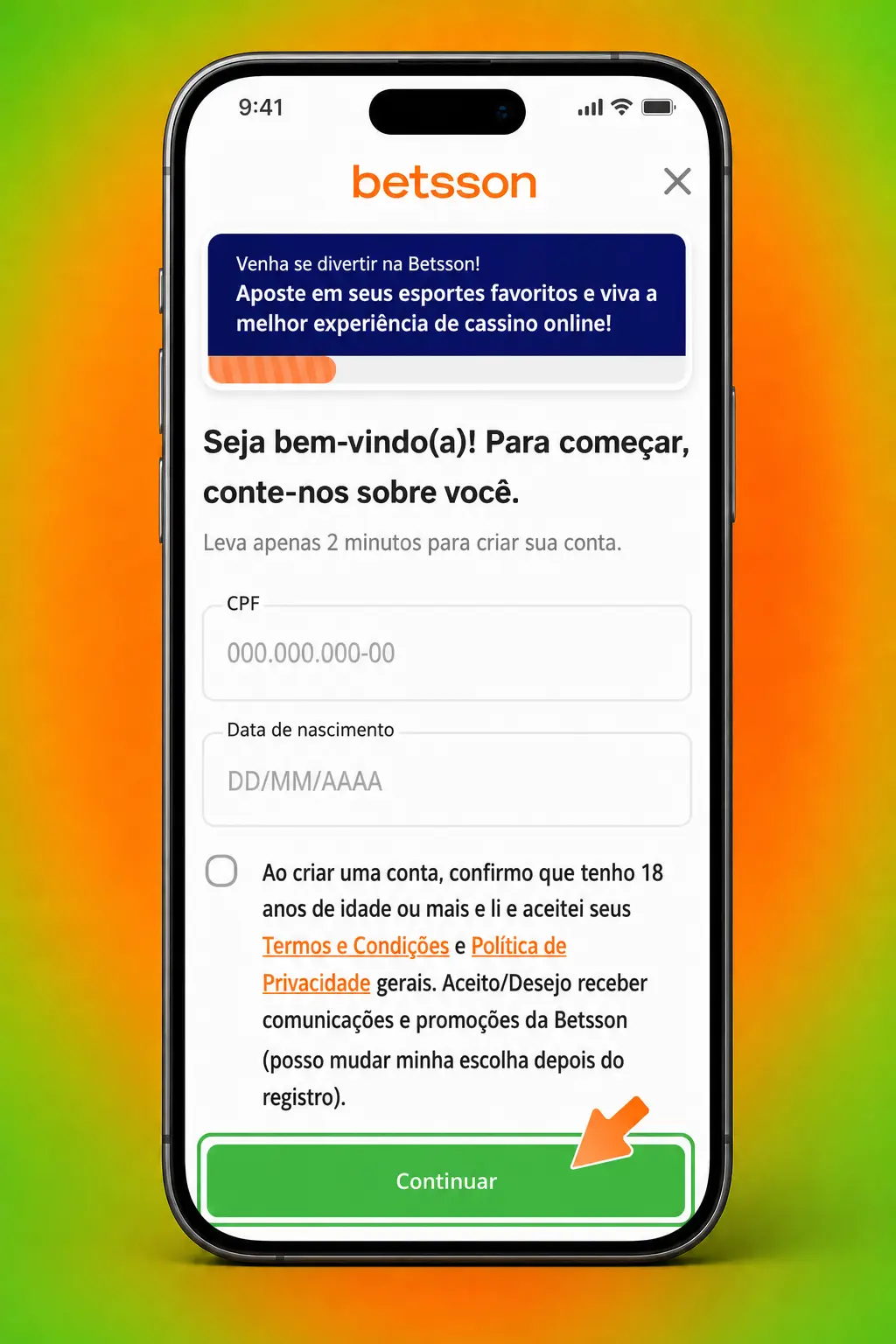 Passo a passo para cadastro, depósito e primeira aposta de futebol na Betsson pelo navegador ou aplicativo.