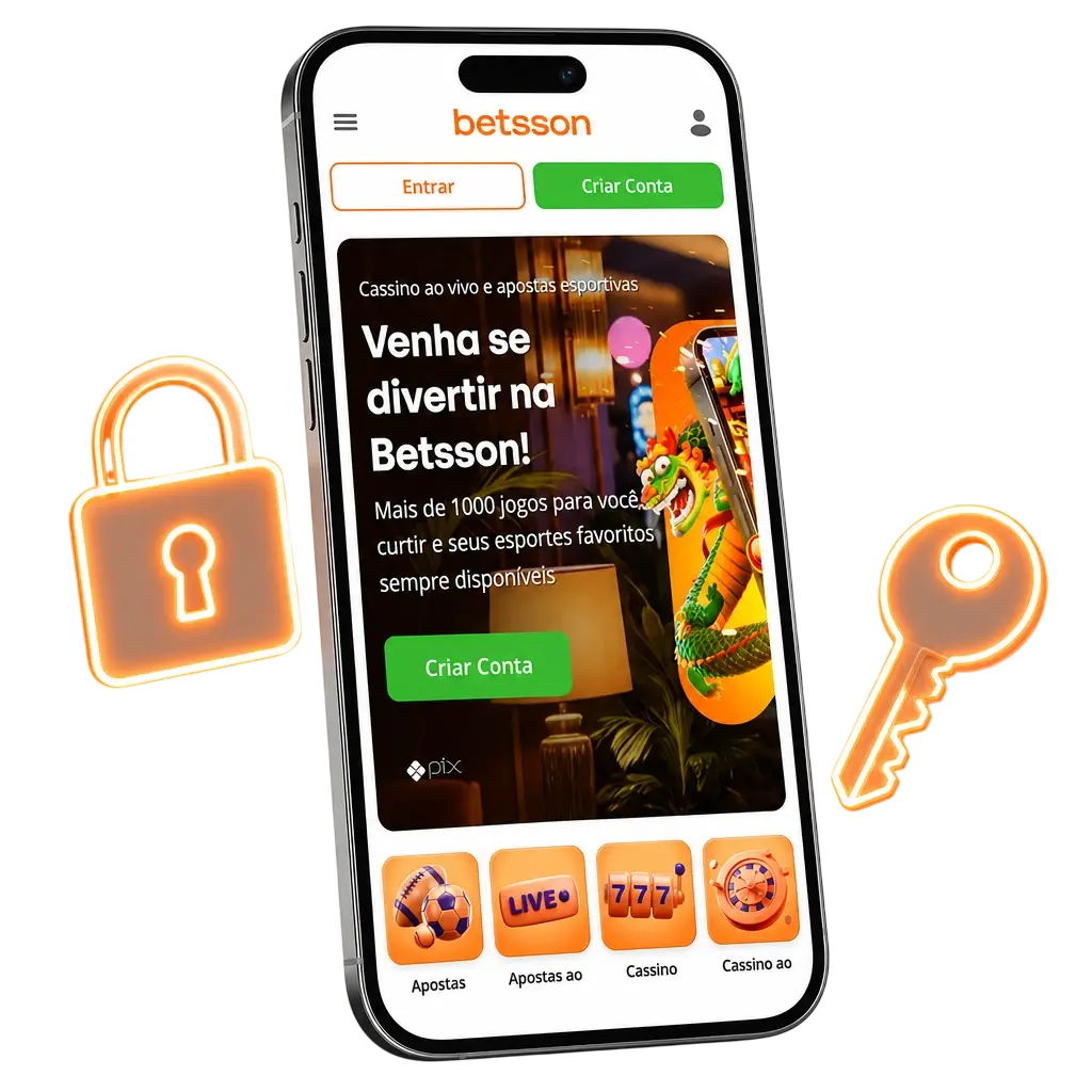 Tela do aplicativo Betsson mostrando o passo a passo para login com e-mail ou CPF e senha