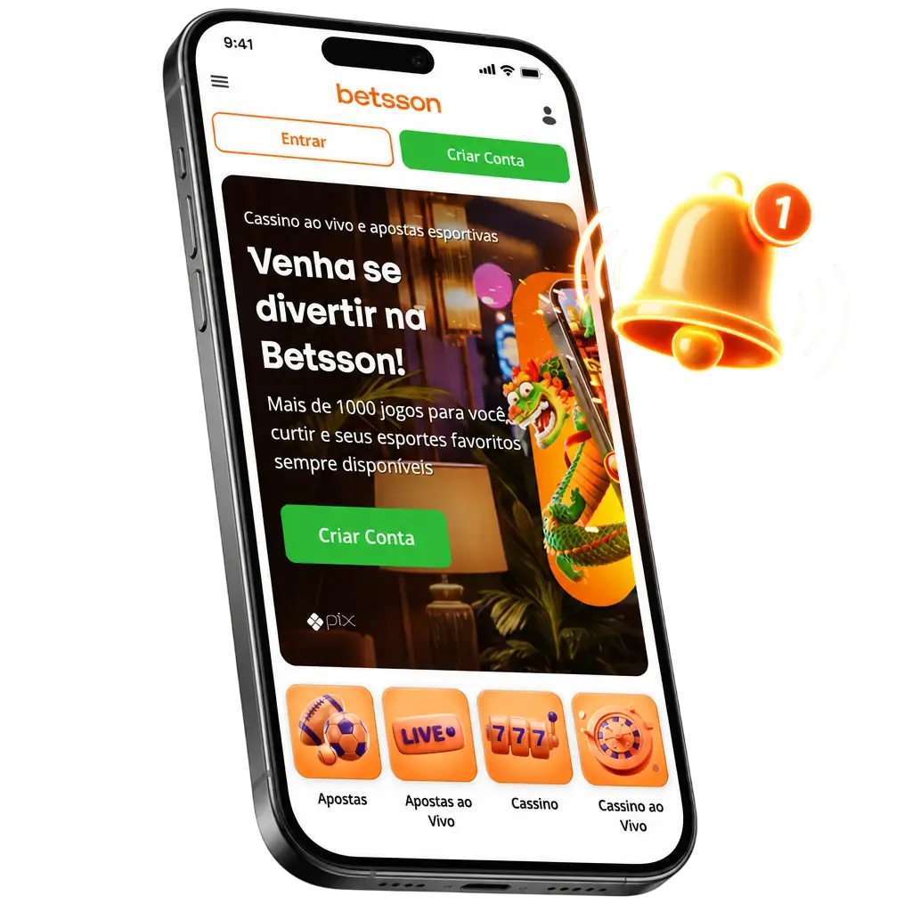 Notificações do app mostrando alertas de apostas, promoções, saldo e eventos ao vivo com acesso direto às telas correspondentes.