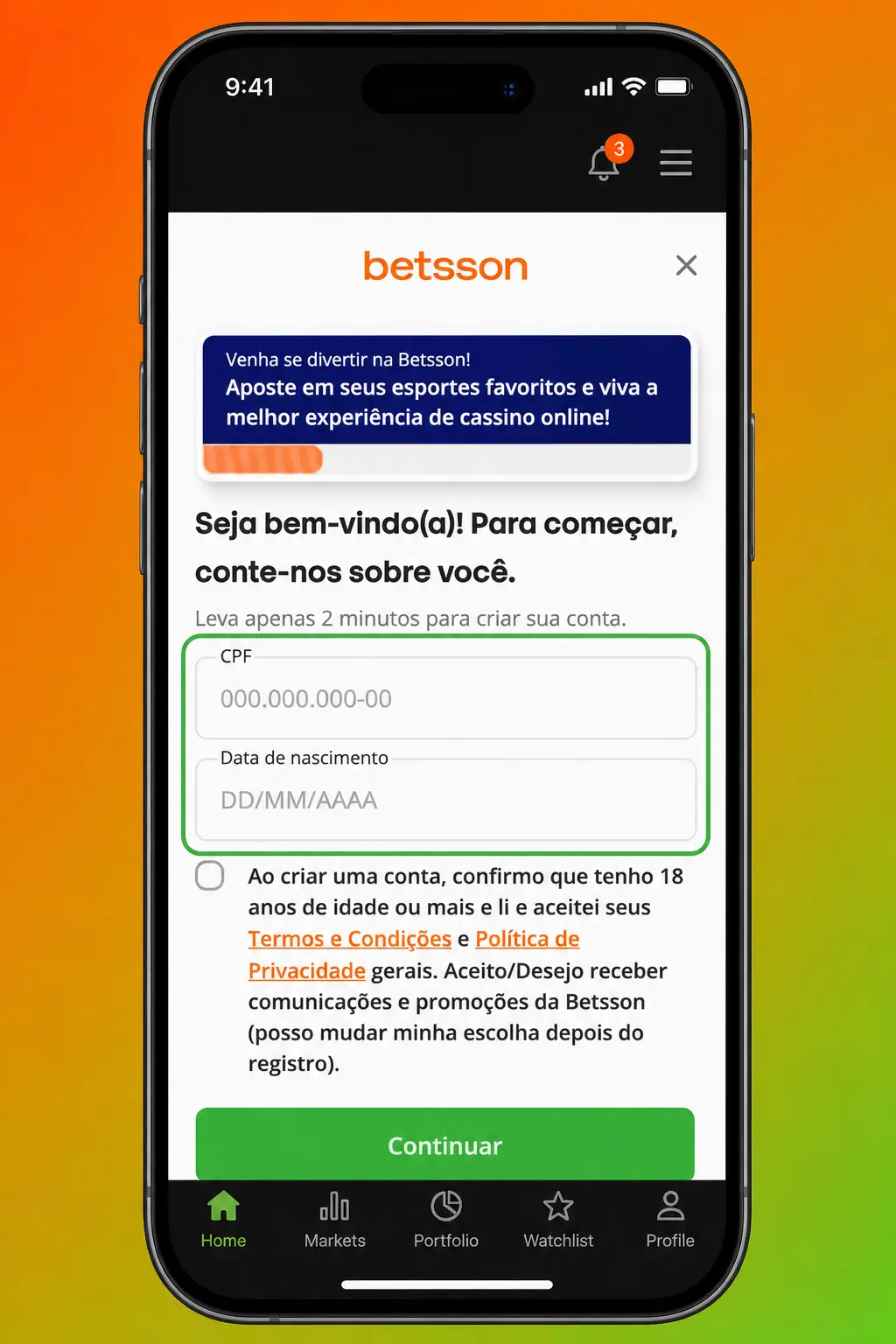 Passo a passo para cadastro na Betsson pelo site ou aplicativo, com formulário de registro em destaque.