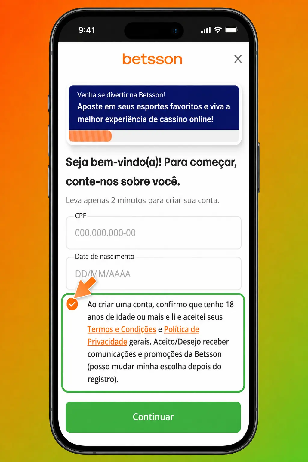 Passo a passo para cadastro na Betsson pelo site ou aplicativo, com preenchimento de dados e confirmação da conta.