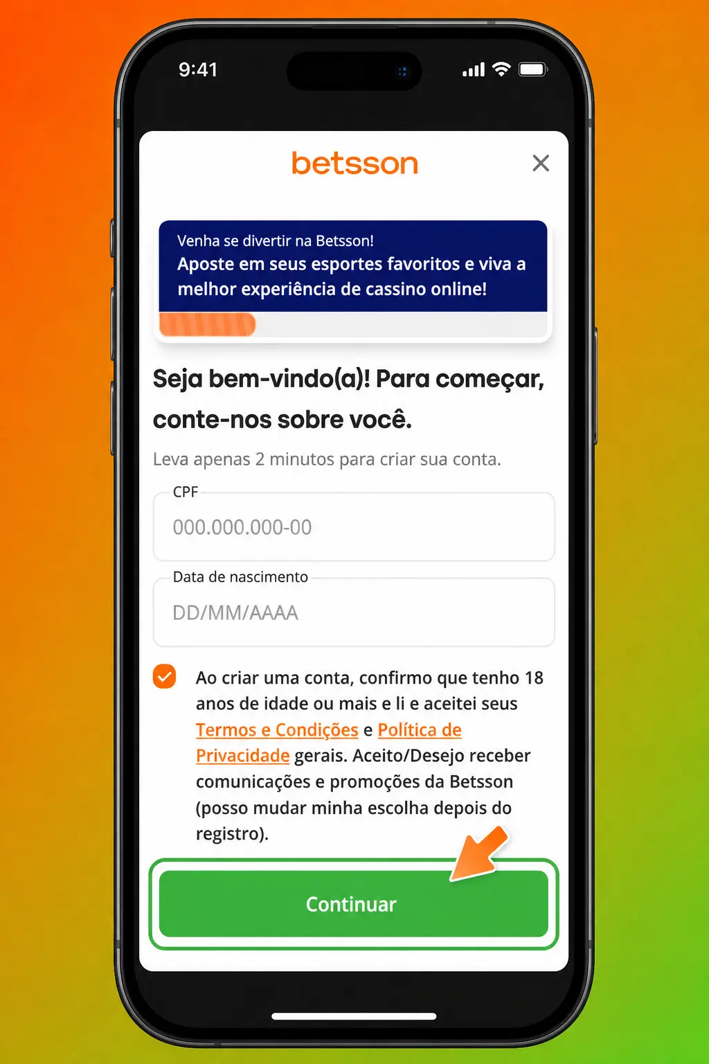 Passo a passo para cadastro na Betsson: preenchimento de dados, criação de senha e confirmação da conta pelo site ou aplicativo.