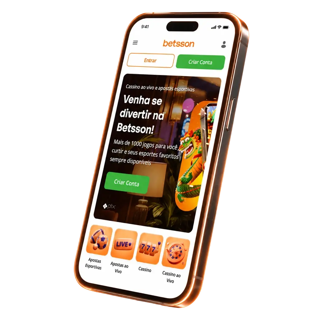 Interface do aplicativo Betsson com menu inferior fixo para cassino, esportes e carteira, com botões grandes e design em blocos