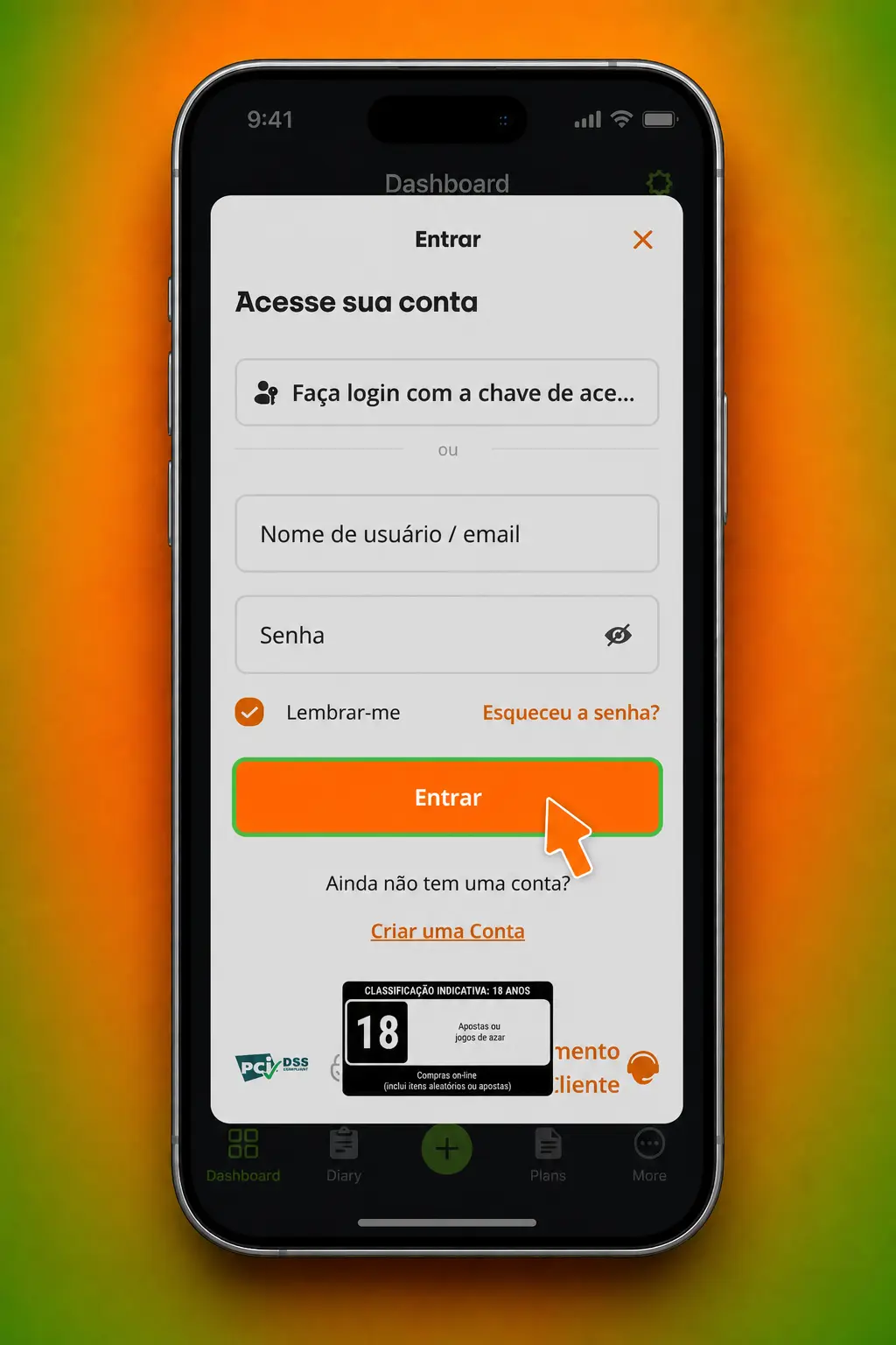 Tela de login do aplicativo Betsson com opções de acesso por biometria, e-mail ou CPF e senha
