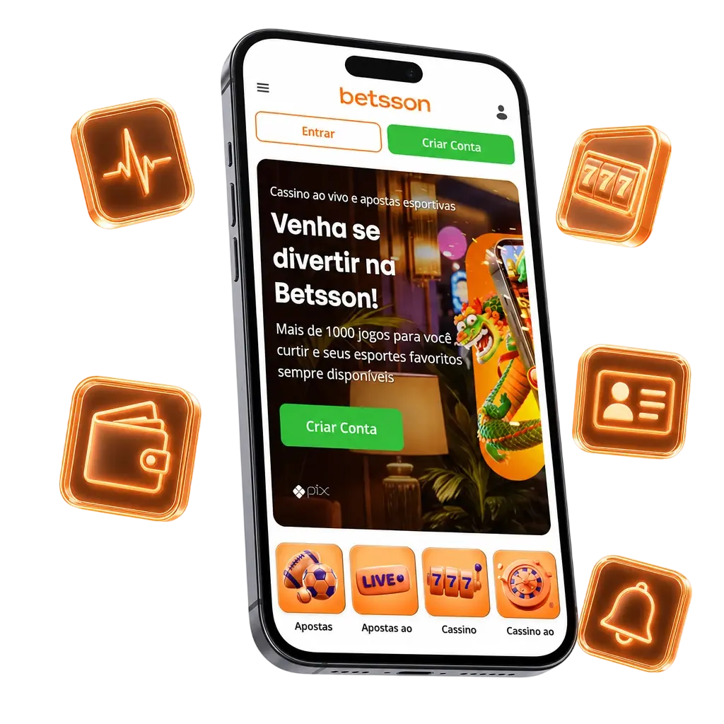Interface do aplicativo Betsson com apostas ao vivo, cassino, carteira PIX e notificações integradas em um só app.